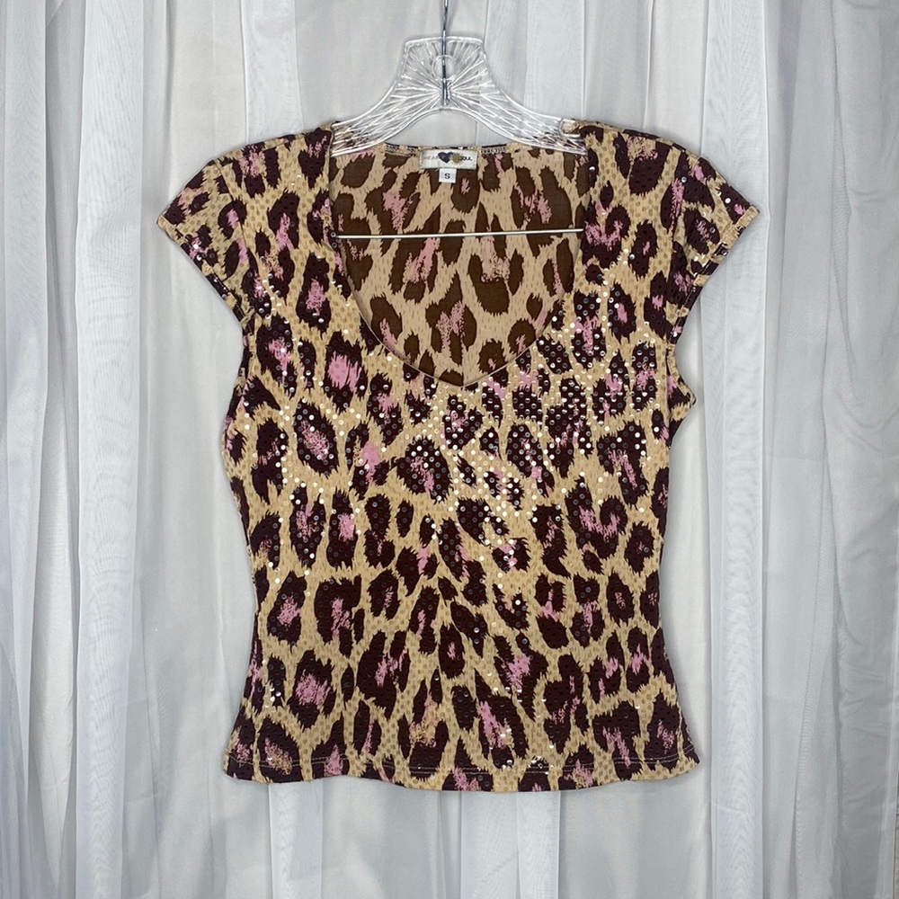 HeartSoul Sequin Cheetah Blouse US Womens S Brown Pink
